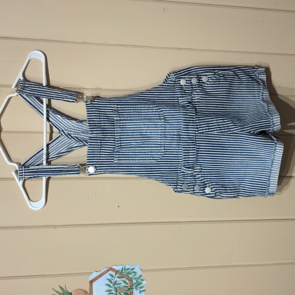 S (3/5) striped conductor short overalls stretch denim side button fly